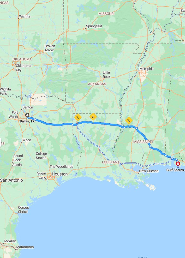 driving from Dallas, Texas to Gulf ShoresAlabama - map and route