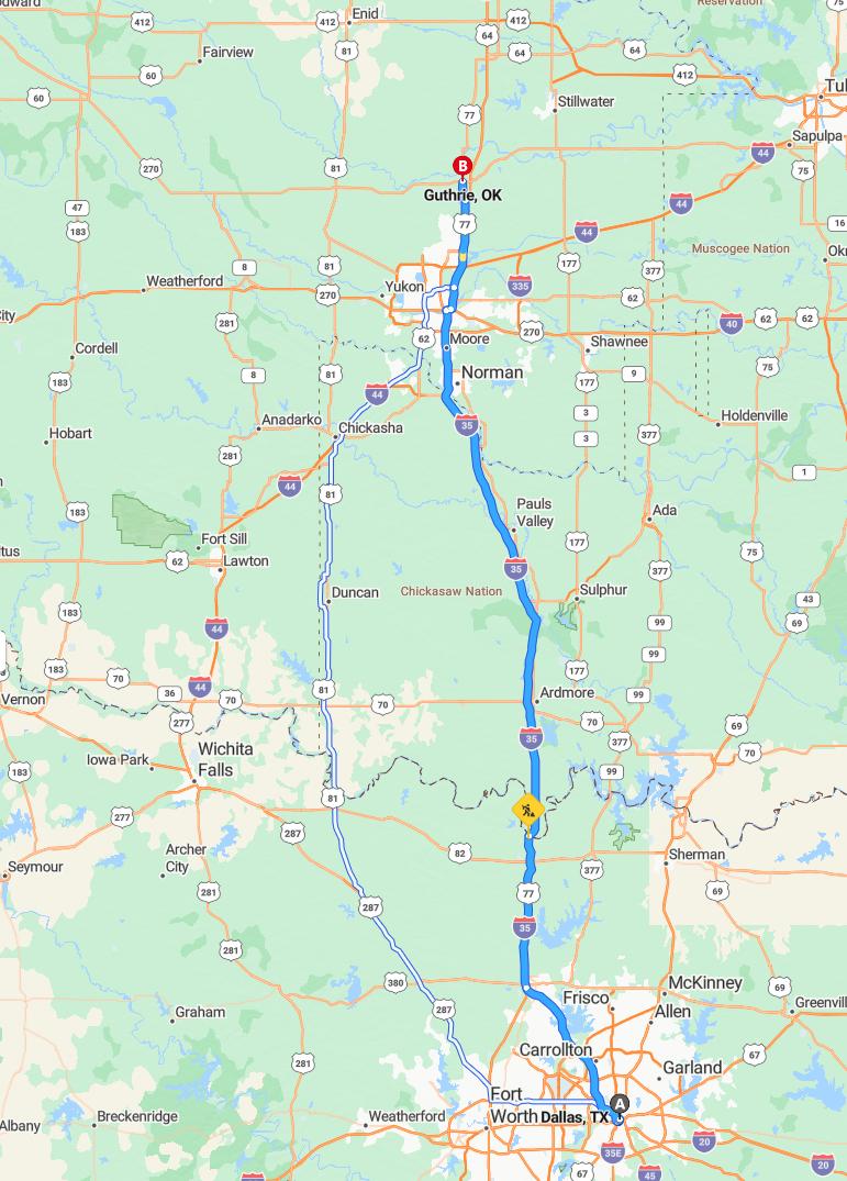 driving from Dallas, Texas to GuthrieOklahoma - map and route