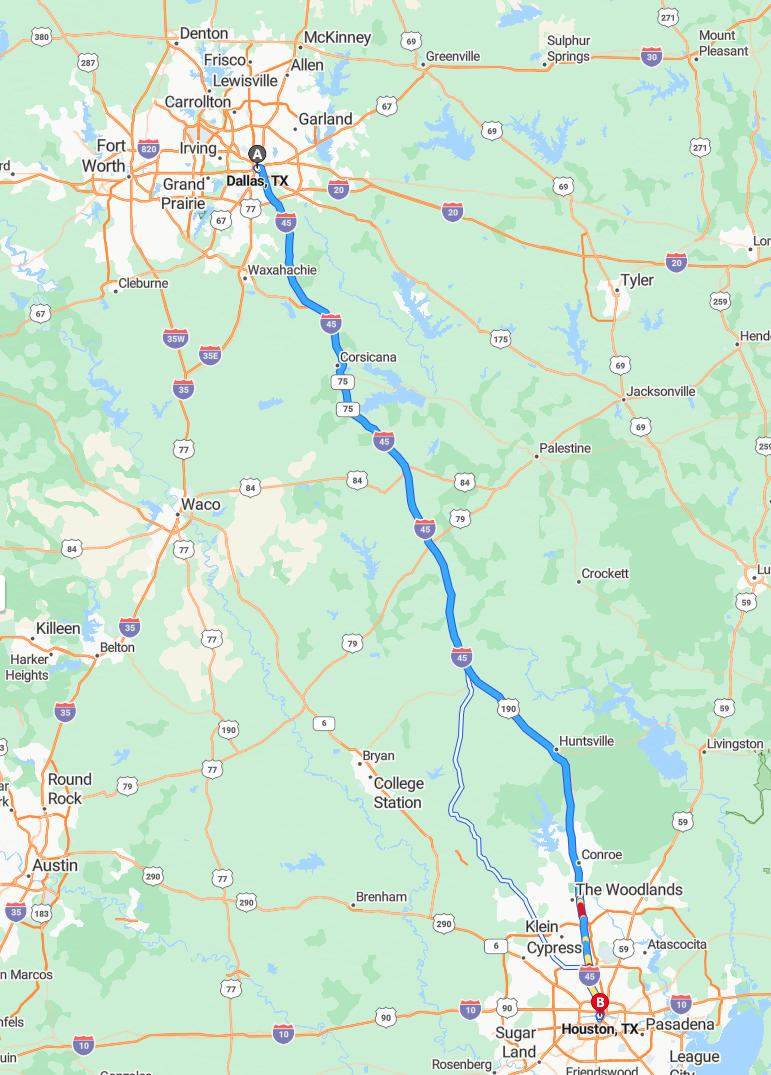 driving from Dallas, Texas to HoustonTexas - map and route