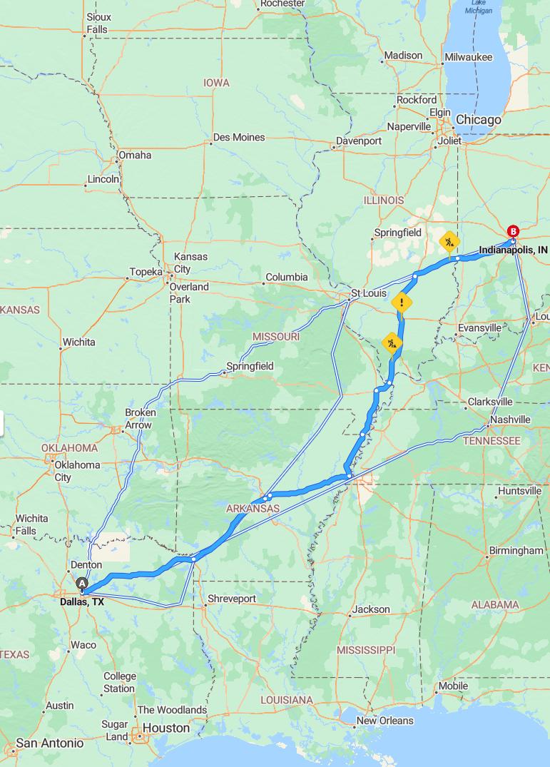 driving from Dallas, Texas to IndianapolisIndiana - map and route