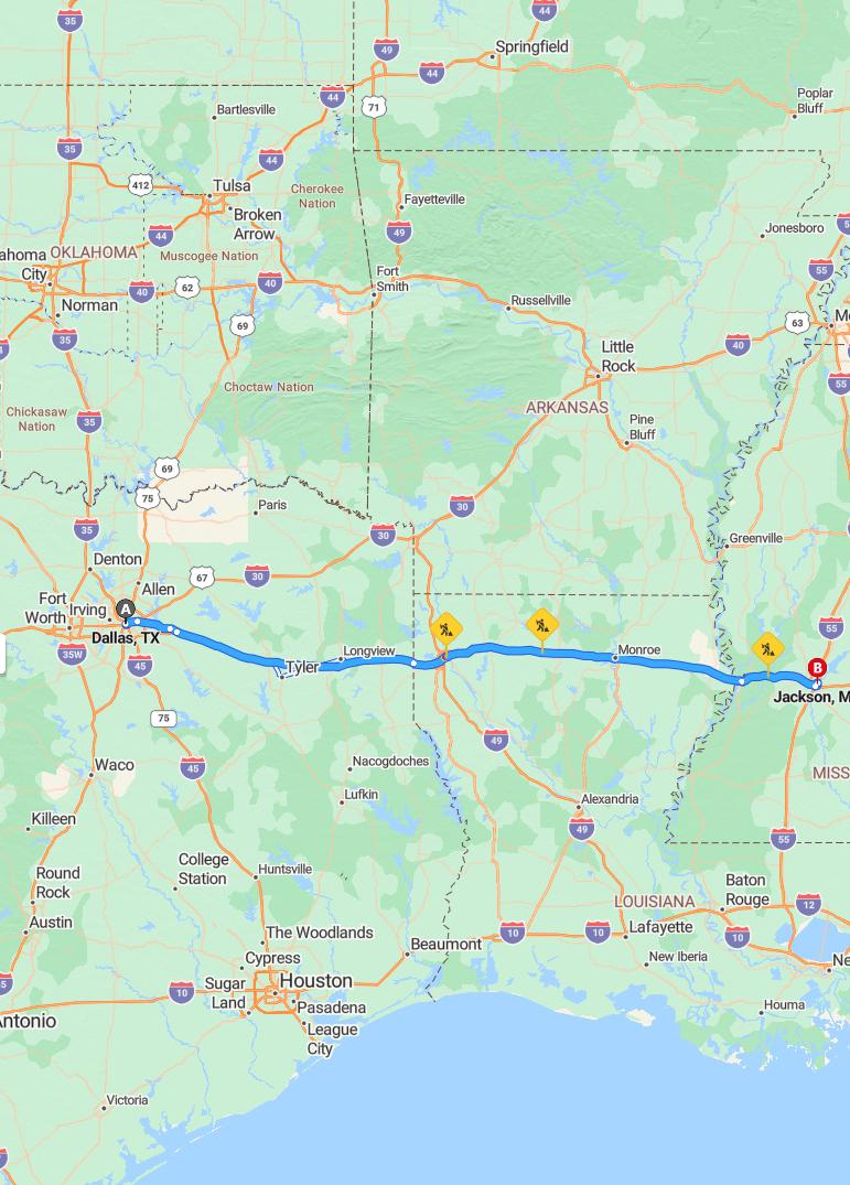 driving from Dallas, Texas to JacksonMississippi - map and route