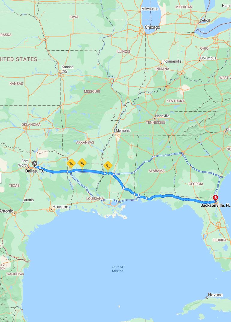 driving from Dallas, Texas to JacksonvilleFlorida - map and route