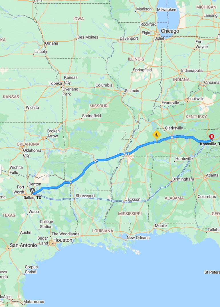 driving from Dallas, Texas to KnoxvilleTennessee - map and route