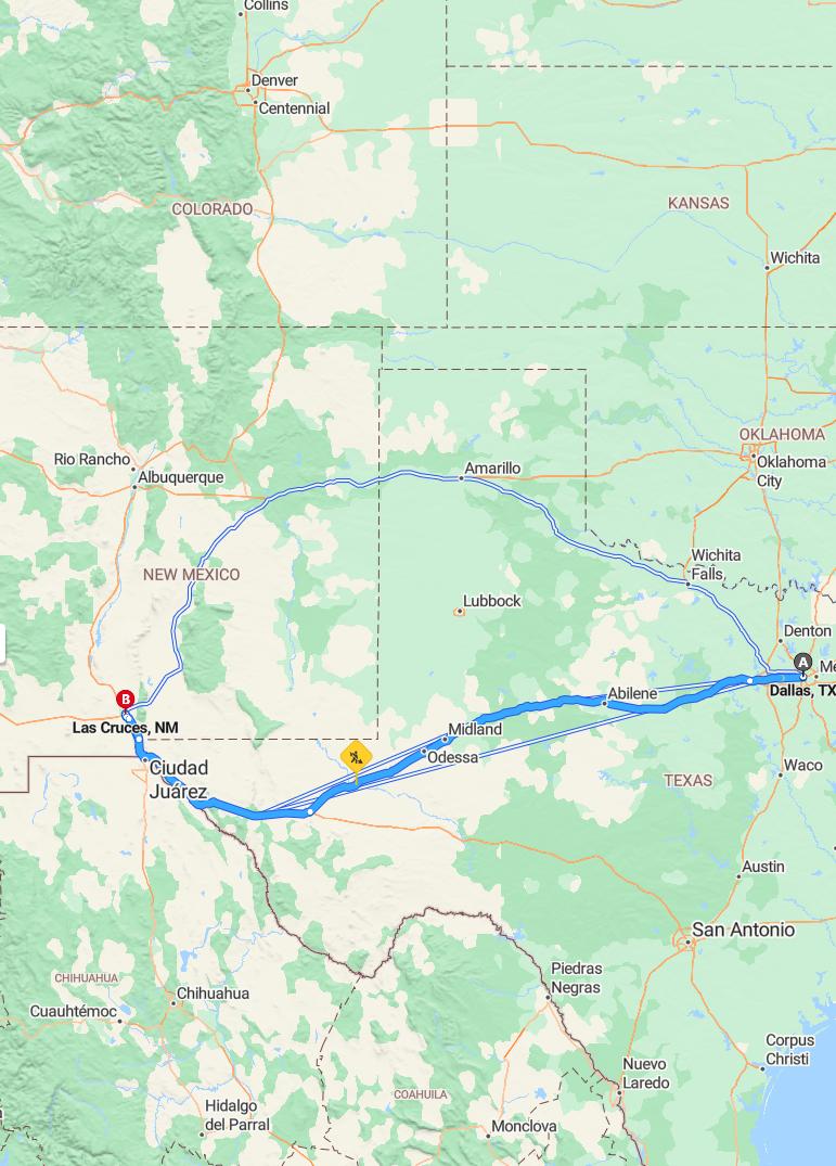 driving from Dallas, Texas to Las CrucesNew Mexico - map and route