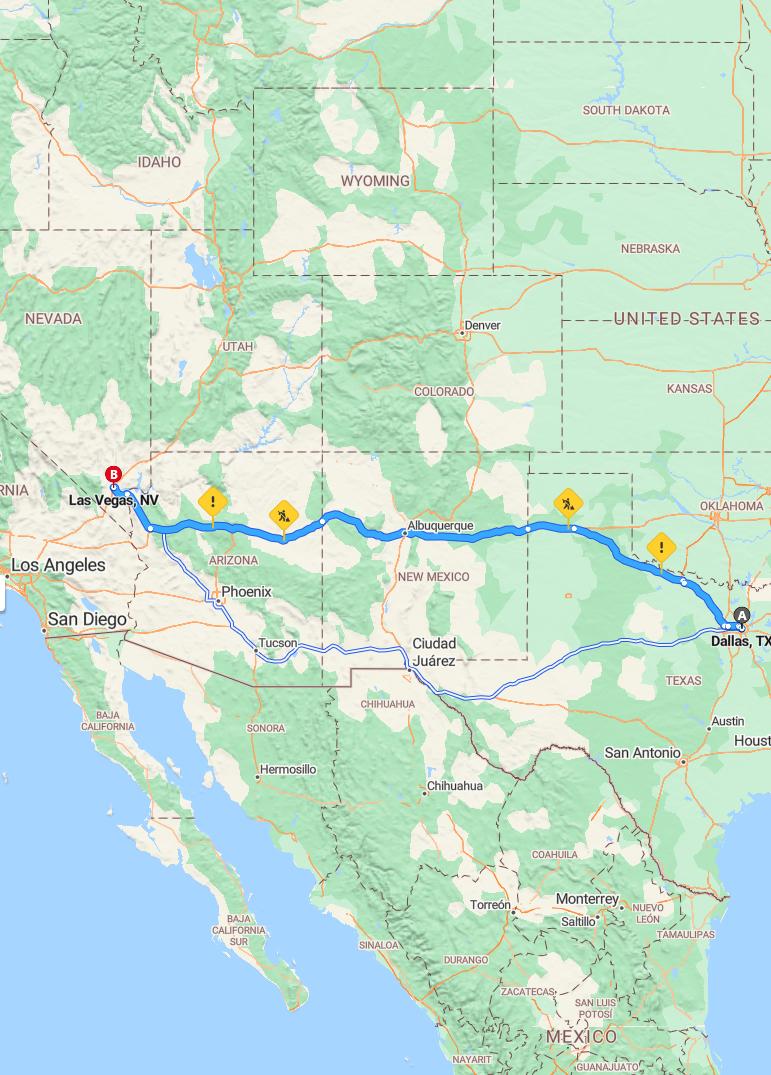 driving from Dallas, Texas to Las VegasNevada - map and route