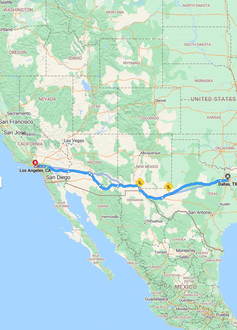 driving from Dallas, Texas to Los AngelesCalifornia - map and route