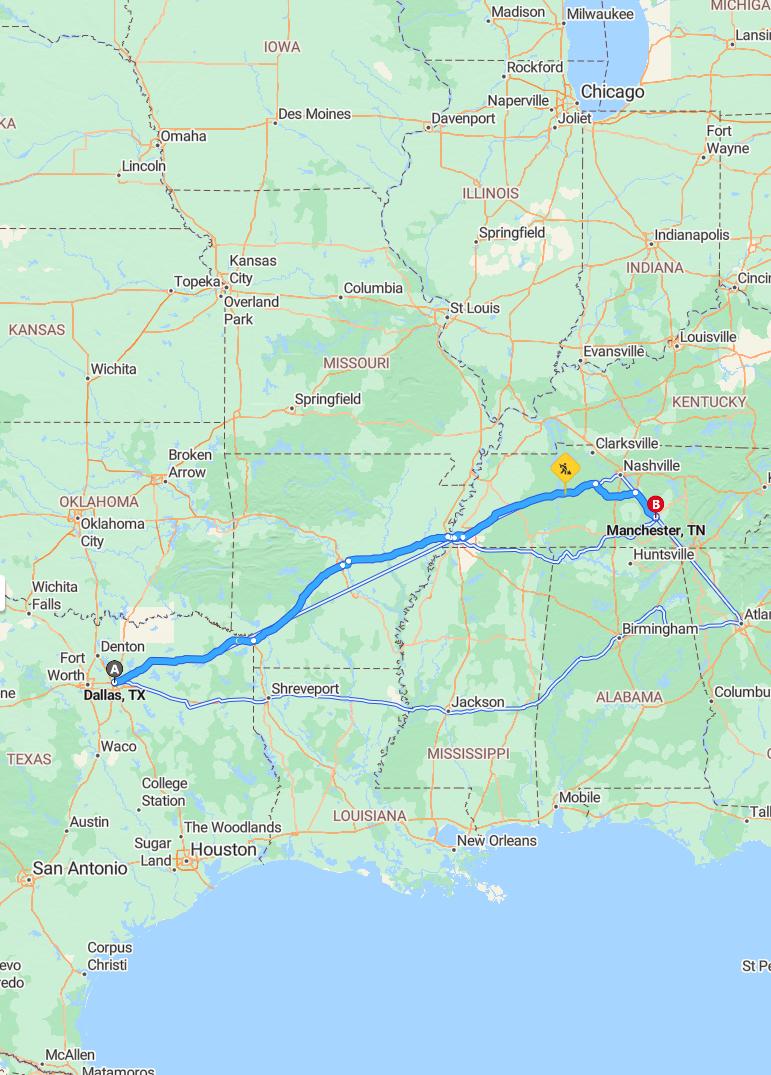 driving from Dallas, Texas to ManchesterTennessee - map and route