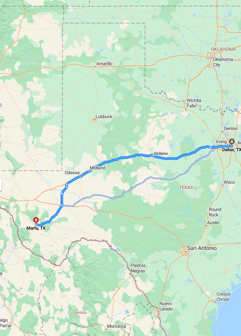 driving from Dallas, Texas to MarfaTexas - map and route
