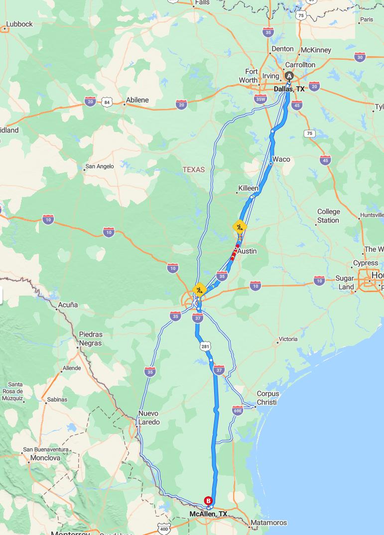 driving from Dallas, Texas to McAllenTexas - map and route