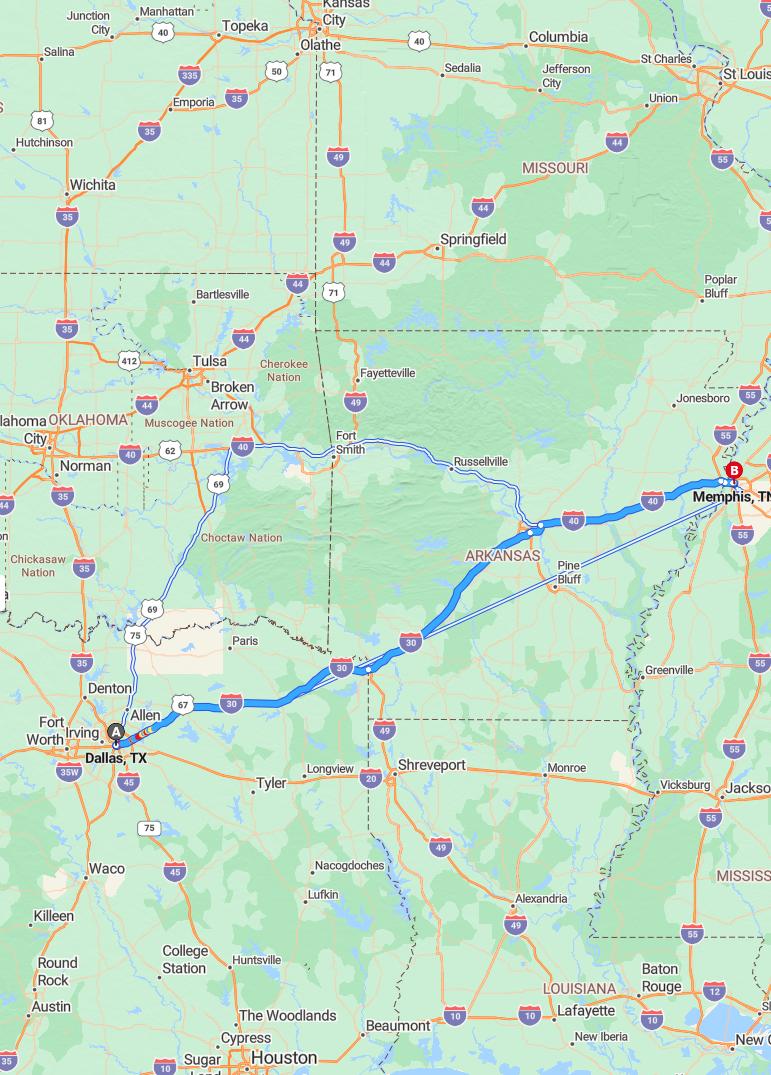 driving from Dallas, Texas to MemphisTennessee - map and route