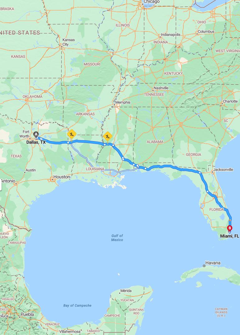 driving from Dallas, Texas to MiamiFlorida - map and route