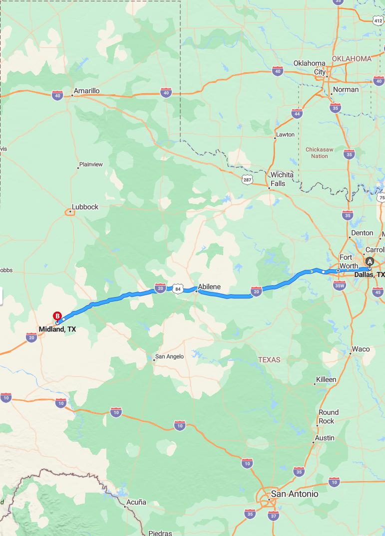 driving from Dallas, Texas to MidlandTexas - map and route