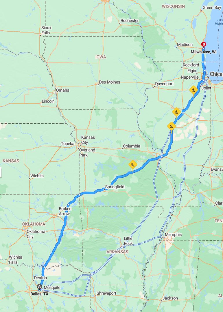 driving from Dallas, Texas to MilwaukeeWisconsin - map and route