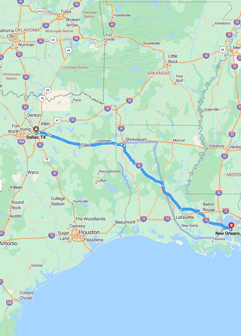 driving from Dallas, Texas to New OrleansLouisiana - map and route