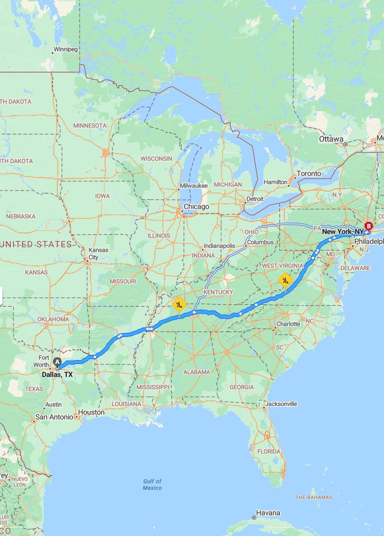 driving from Dallas, Texas to New York CityNew York - map and route