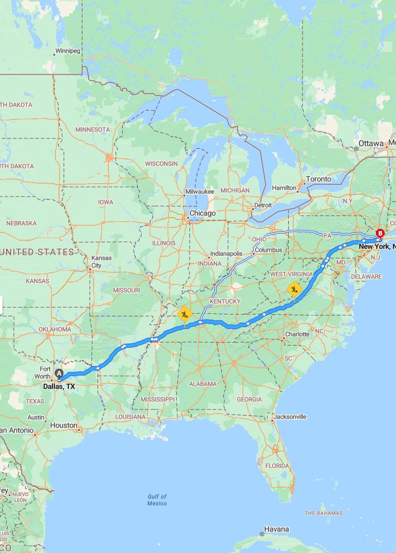 driving from Dallas, Texas to New YorkNew York - map and route