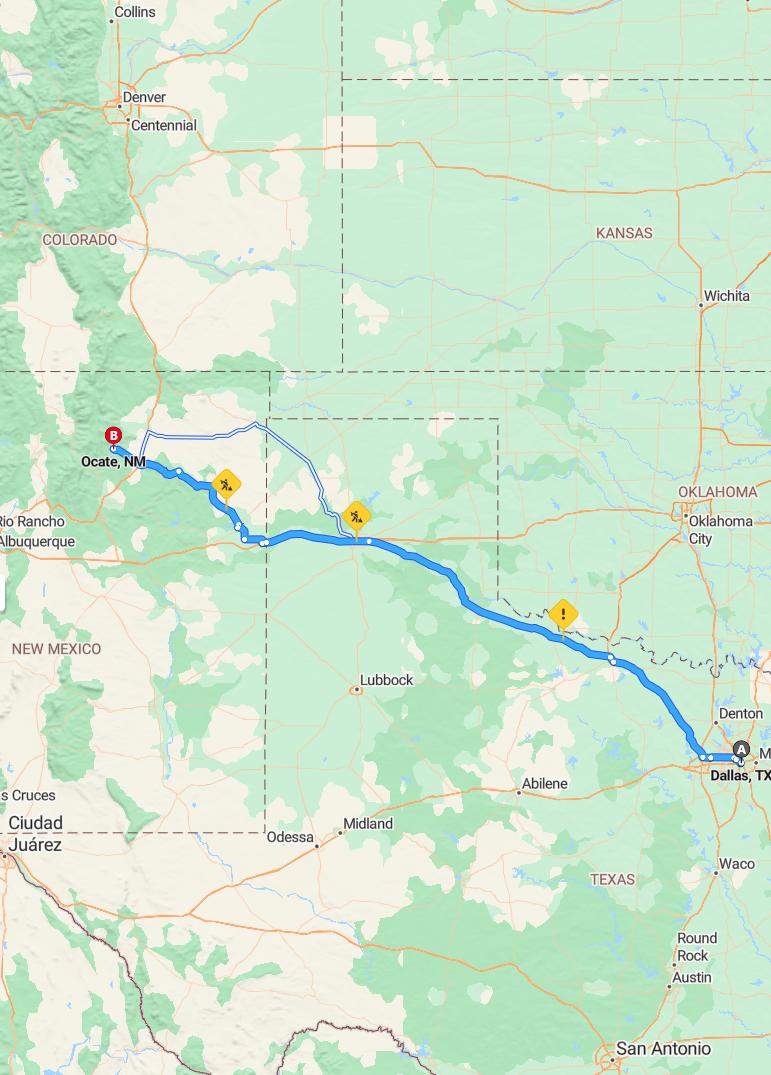 driving from Dallas, Texas to OcateNew Mexico - map and route
