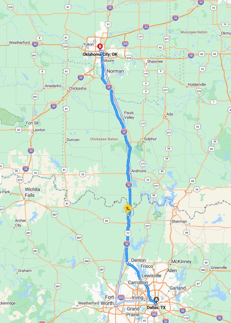 driving from Dallas, Texas to Oklahoma CityOklahoma - map and route