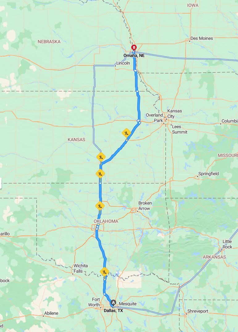 driving from Dallas, Texas to OmahaNebraska - map and route