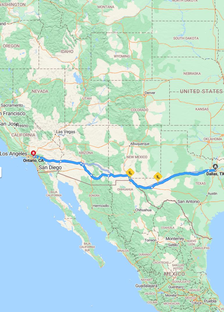 driving from Dallas, Texas to OntarioCalifornia - map and route