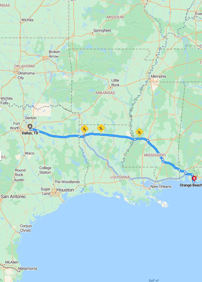 driving from Dallas, Texas to Orange BeachAlabama - map and route