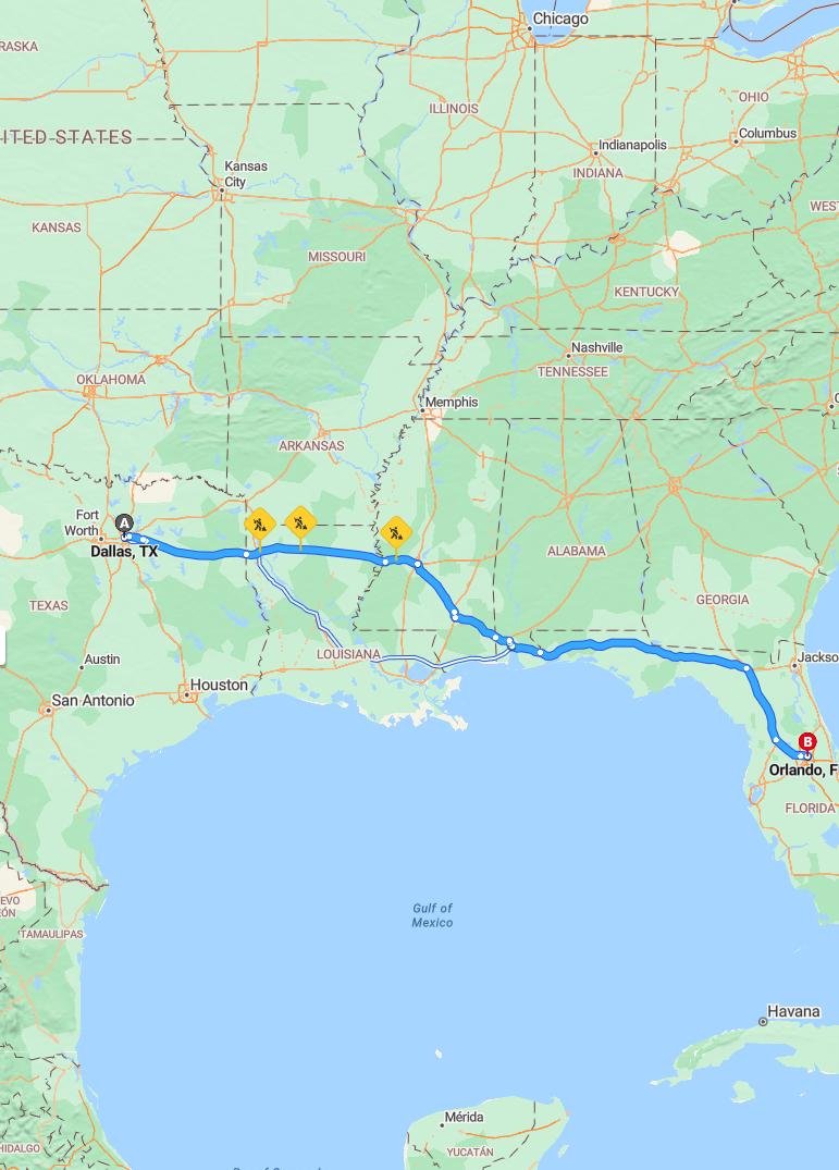driving from Dallas, Texas to OrlandoFlorida - map and route