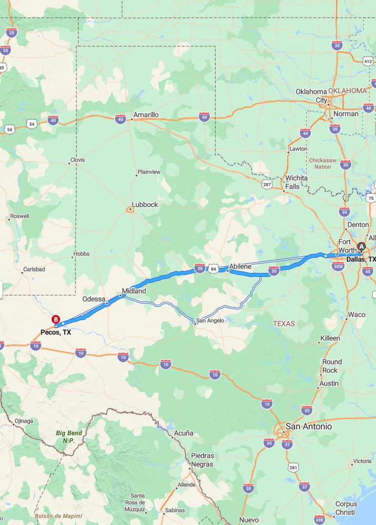 driving from Dallas, Texas to PecosTexas - map and route