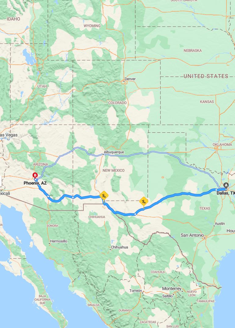driving from Dallas, Texas to PhoenixArizona - map and route