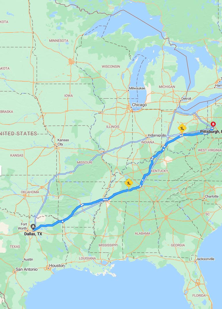 driving from Dallas, Texas to PittsburghPennsylvania - map and route