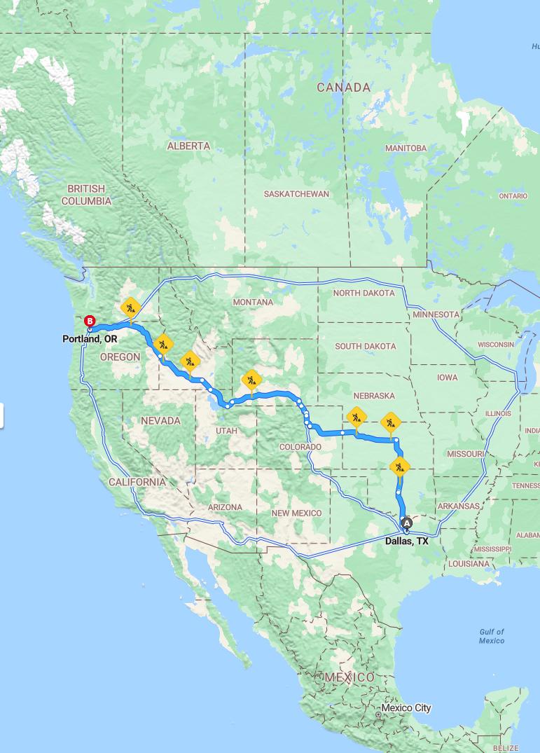 driving from Dallas, Texas to PortlandOregon - map and route