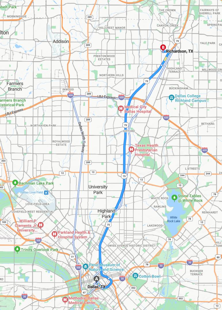 driving from Dallas, Texas to RichardsonTexas - map and route