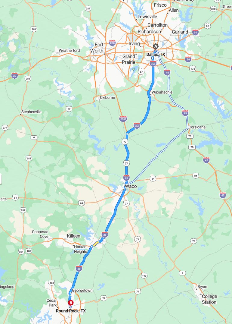 driving from Dallas, Texas to Round RockTexas - map and route
