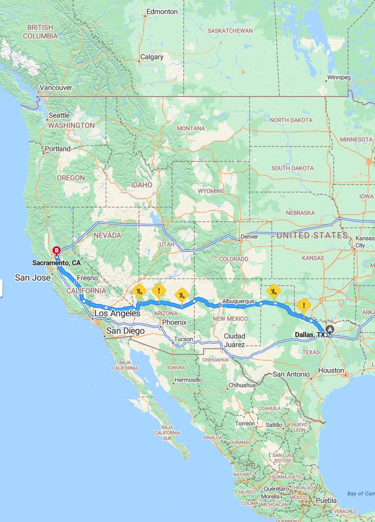 driving from Dallas, Texas to SacramentoCalifornia - map and route