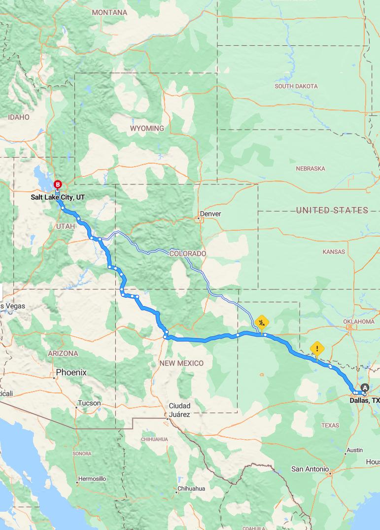 driving from Dallas, Texas to Salt Lake CityUtah - map and route