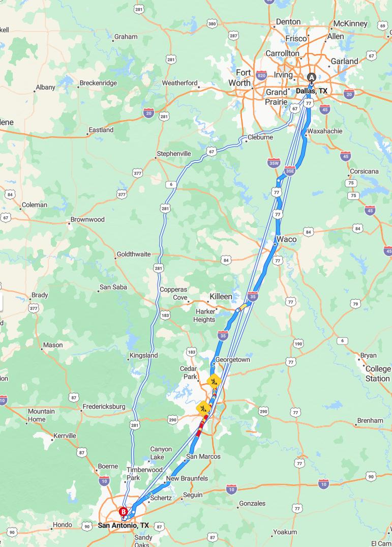 driving from Dallas, Texas to San AntonioTexas - map and route