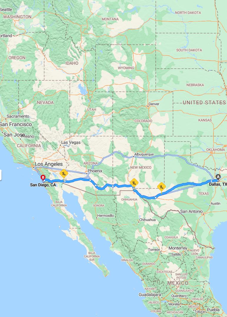 driving from Dallas, Texas to San DiegoCalifornia - map and route