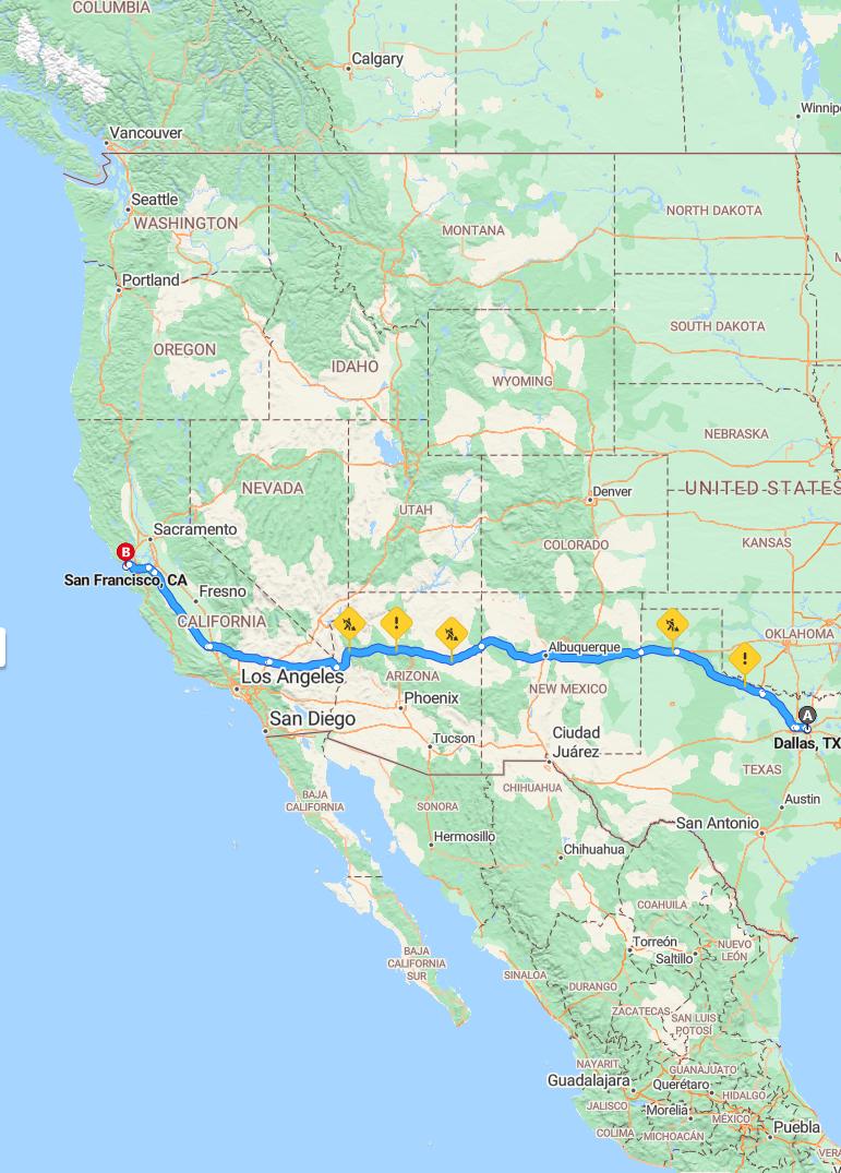 driving from Dallas, Texas to San FranciscoCalifornia - map and route