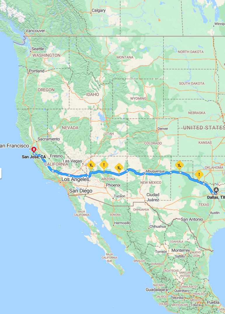 driving from Dallas, Texas to San JoseCalifornia - map and route