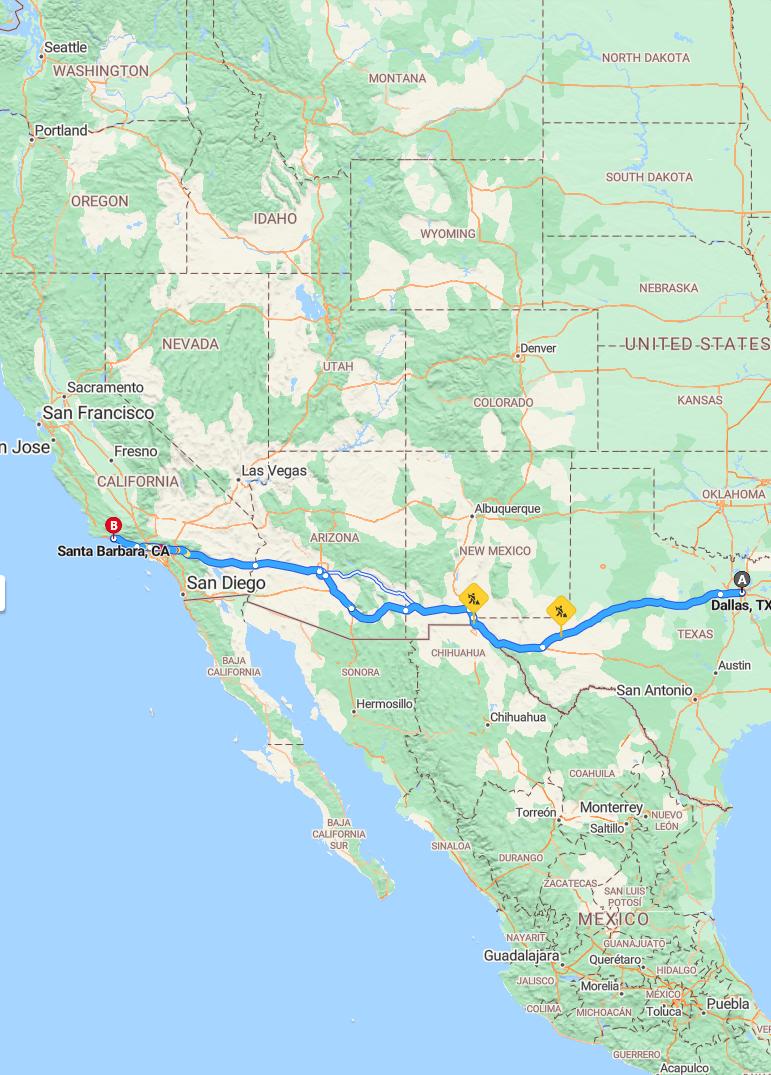 driving from Dallas, Texas to Santa BarbaraCalifornia - map and route