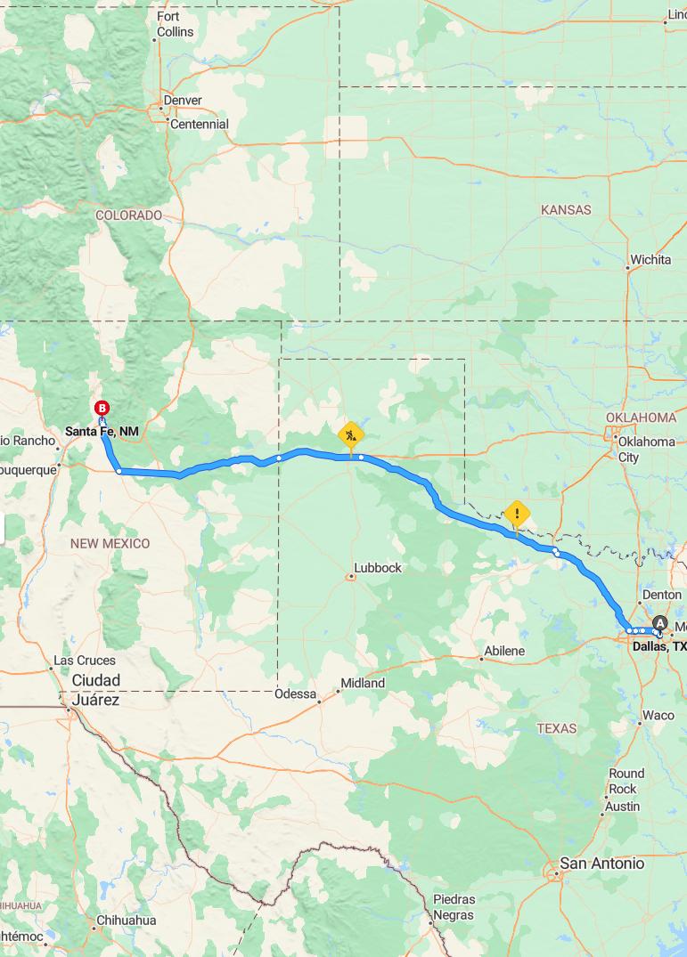driving from Dallas, Texas to Santa FeNew Mexico - map and route