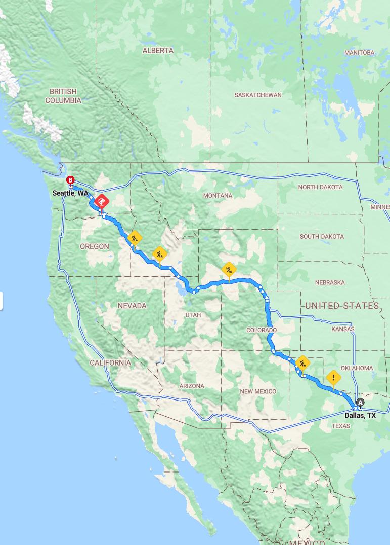 driving from Dallas, Texas to SeattleWashington - map and route