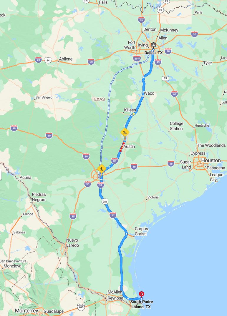 driving from Dallas, Texas to South Padre IslandTexas - map and route