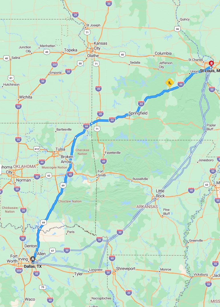 driving from Dallas, Texas to St. LouisMissouri - map and route