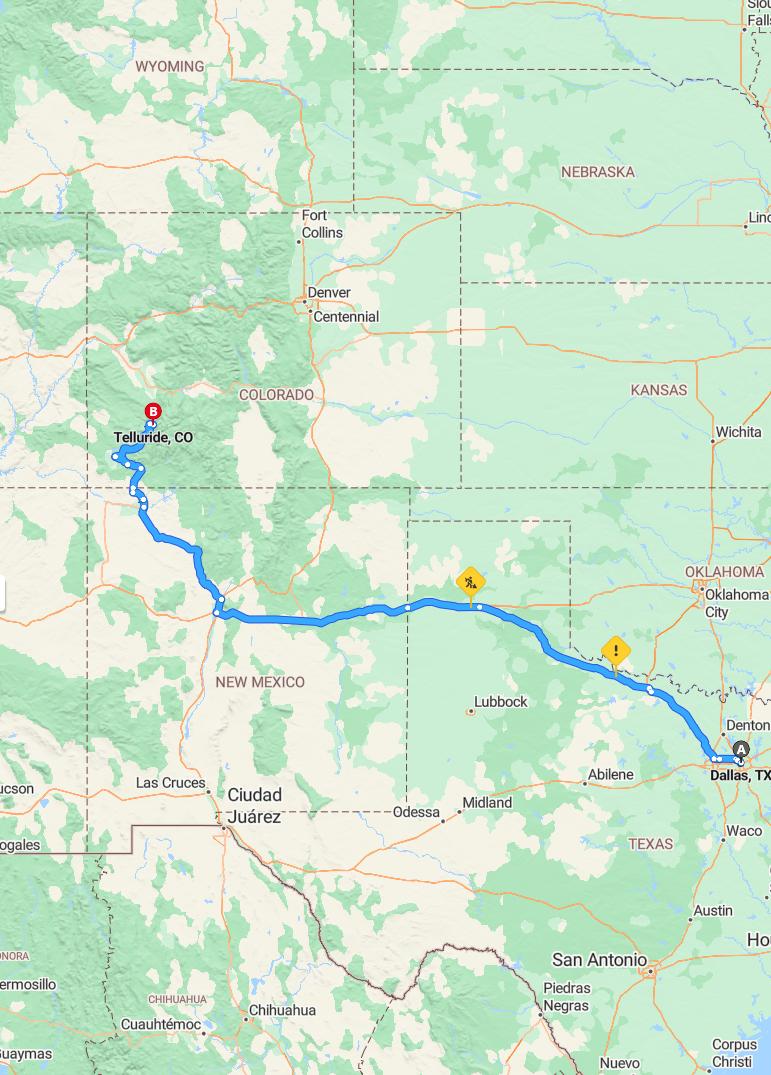 driving from Dallas, Texas to TellurideColorado - map and route