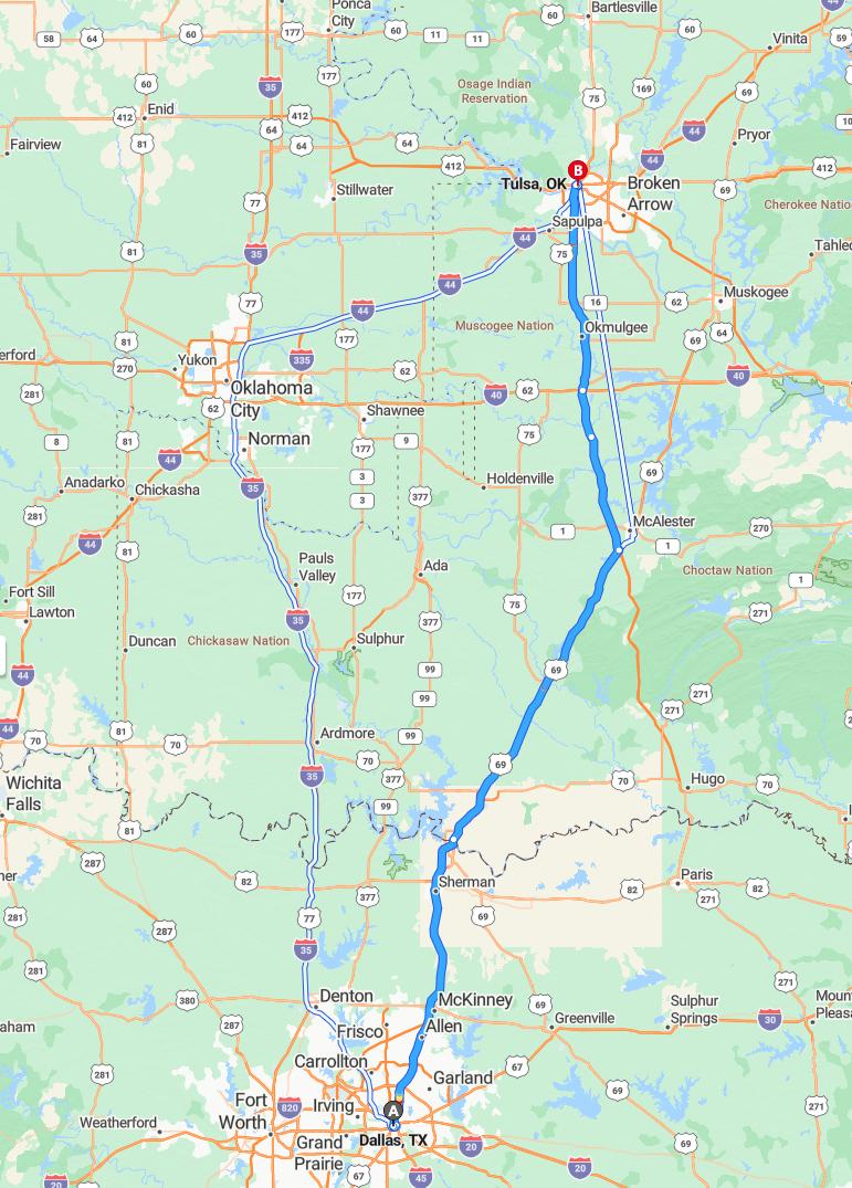 driving from Dallas, Texas to TulsaOklahoma - map and route
