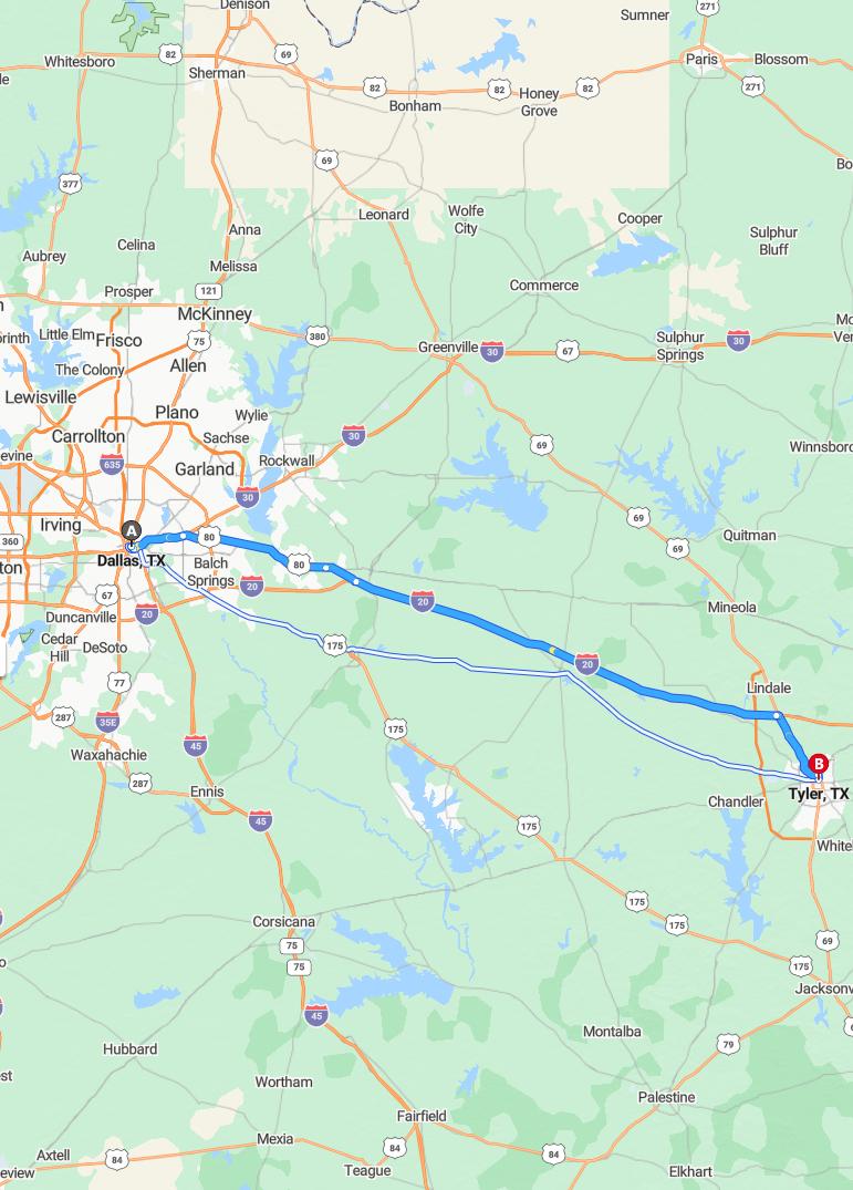 driving from Dallas, Texas to TylerTexas - map and route