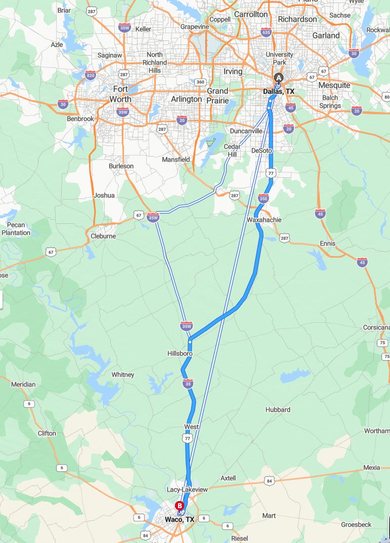 driving from Dallas, Texas to WacoTexas - map and route