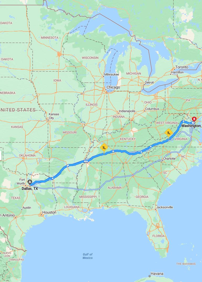 driving from Dallas, Texas to WashingtonDistrict of Columbia - map and route