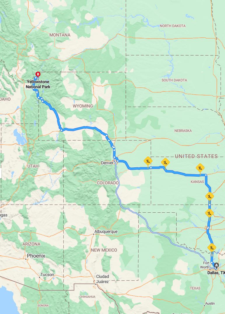 driving from Dallas, Texas to Yellowstone National ParkWyoming - map and route