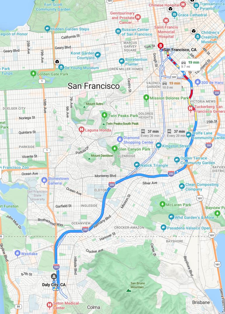 driving from Daly City, California to San FranciscoCalifornia - map and route